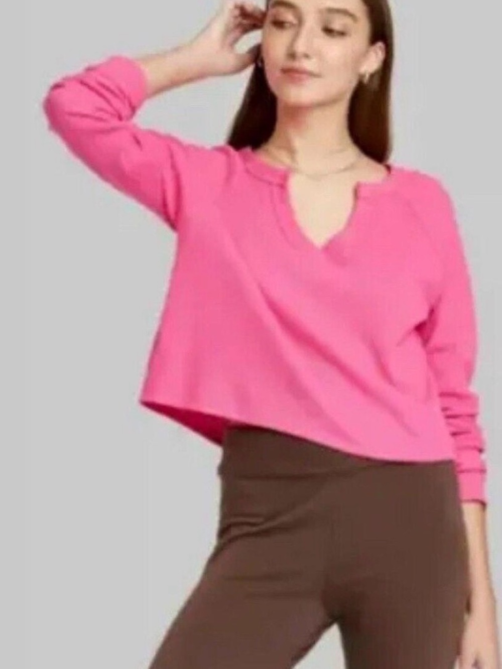 wild fable V-Neck Cropped Long Sleeve Top in Hot Pink